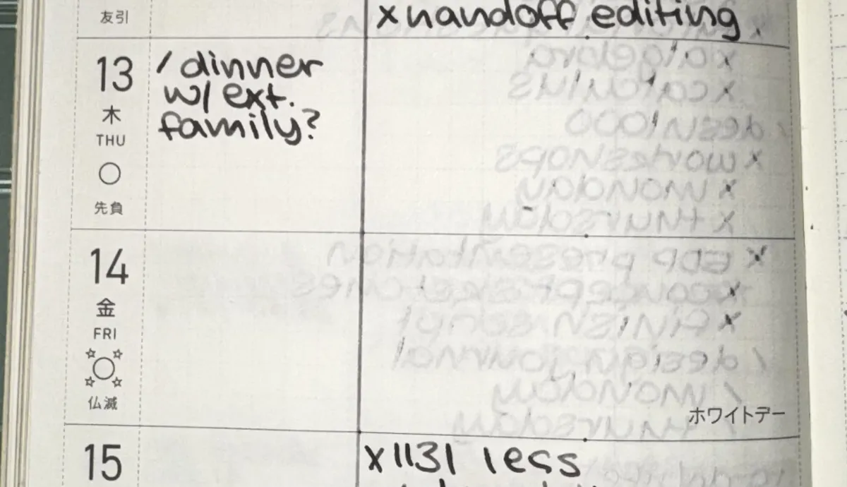 Ink showing through the reverse side of a planner page