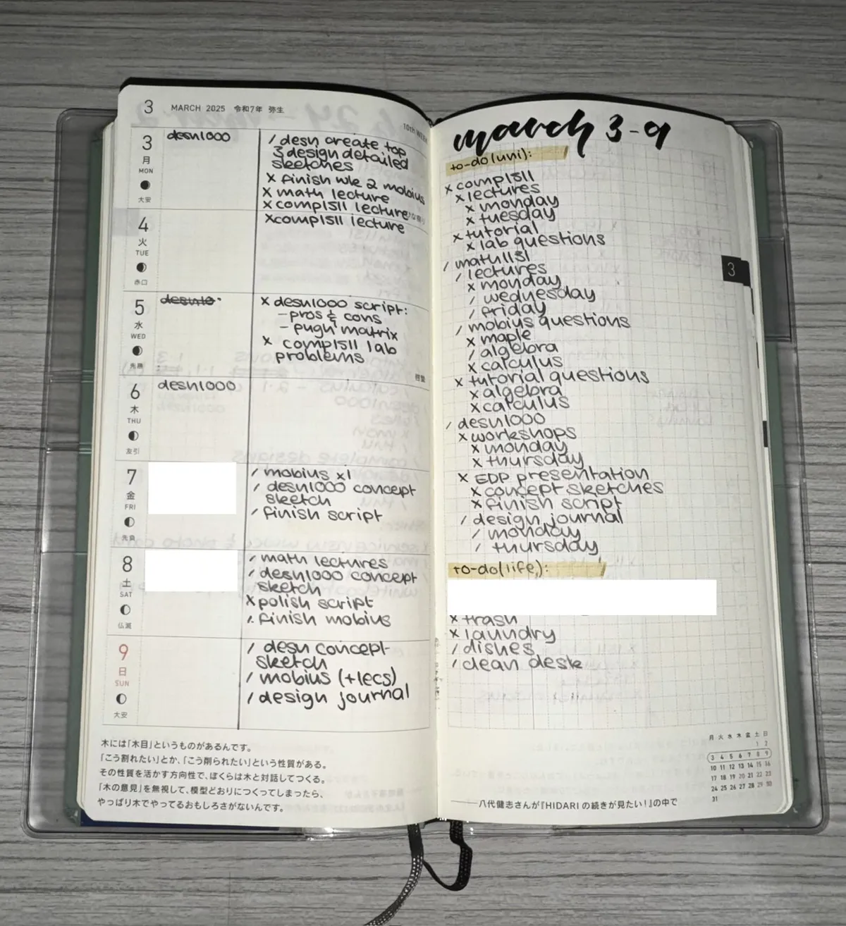 An open Hobonichi Weeks showing handwritten weekly to-do lists